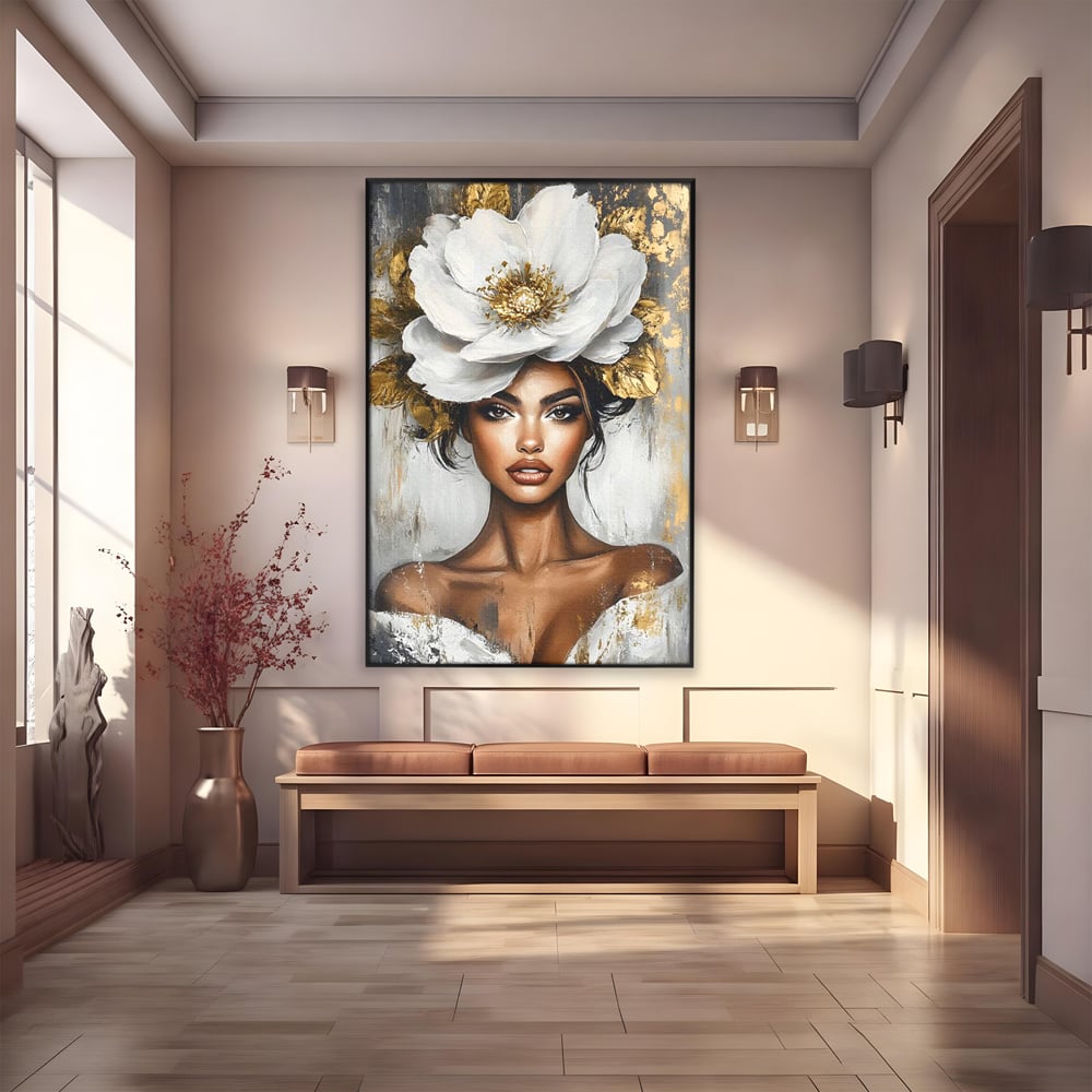 Tablou canvas cu tablou canvas cu portret de femeie si floare, in rama de aluminiu negru